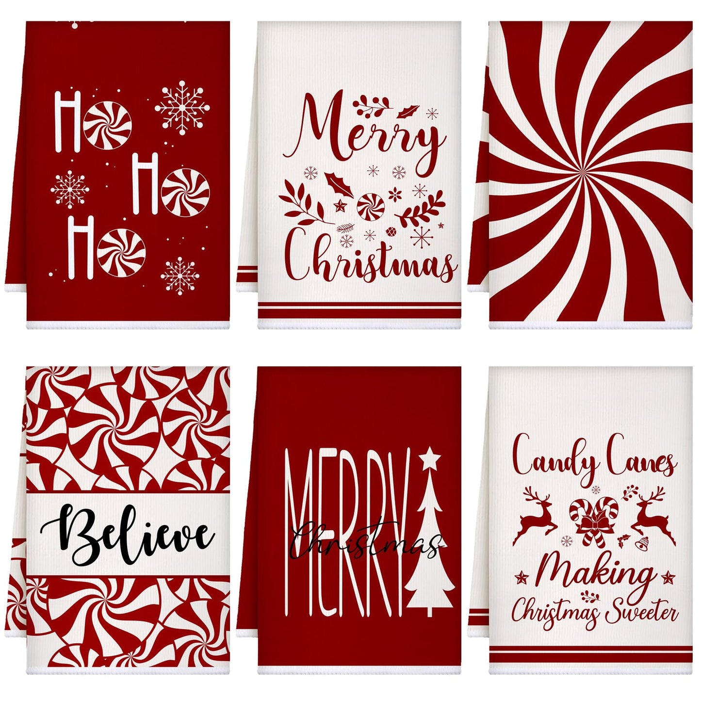 Breling 6 Pcs Christmas Kitchen Towels Red White Candy Tea Dishtowel 23.62 x 15.75 Inch Decorative Peppermint Candy Cane Hand Towel for Holiday Winter Home Kitchen Bathroom Decor Housewarming Gift