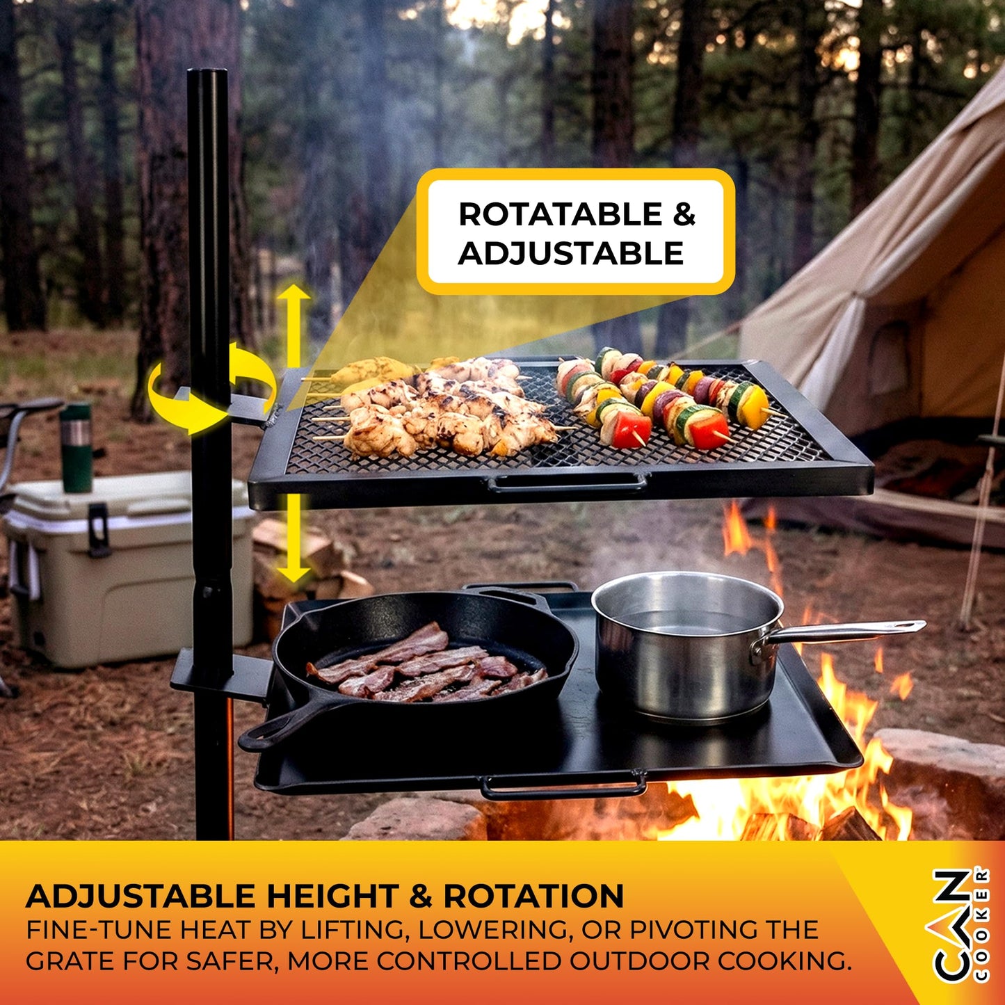 GameMaker Open Fire Cooking Grill – Portable Campfire Grill for Open Flame Cooking, Firepits, Outdoor Fire Rings & Camping – Heavy-Duty, Easy Setup & Adjustable Height
