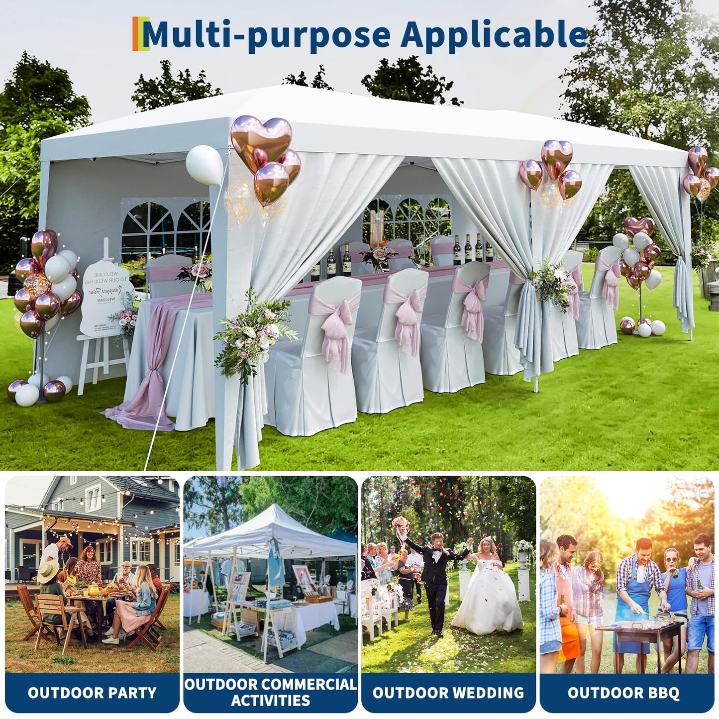 Garvee 10x20 Pop Up Canopy Tent with 6 Removable Sidewalls, Easy Up Commercial Canopy Tents for Parties, Large Heavy Duty Outdoor Canopies with 3 Adjustable Heights, Stakes X18, Ropes X6, White