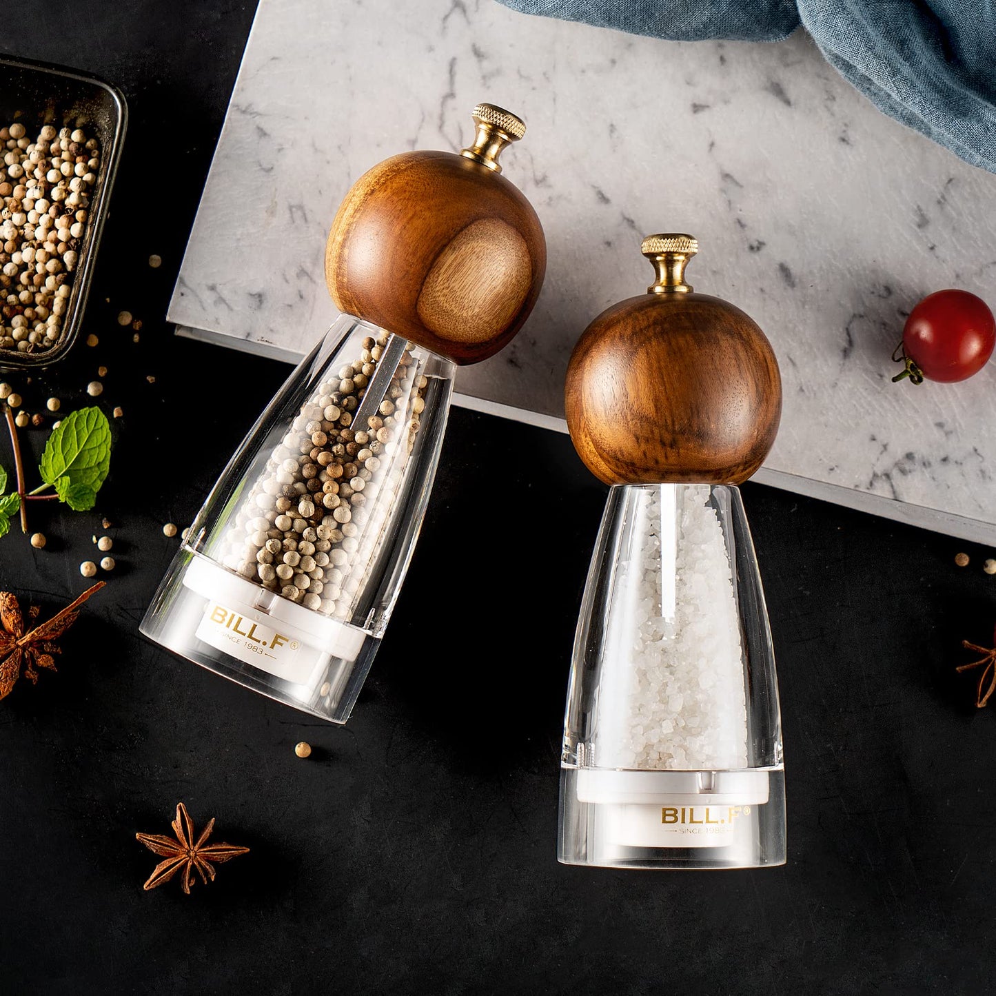 Wood Salt and Pepper Grinders Refillable Set of 2 - Refillable Acrylic Salt Shaker or Pepper Shaker Two 5 oz Salt - Pepper Mill or Salt Mill - Spice Grinder - Easy Clean Ceramic Grinders