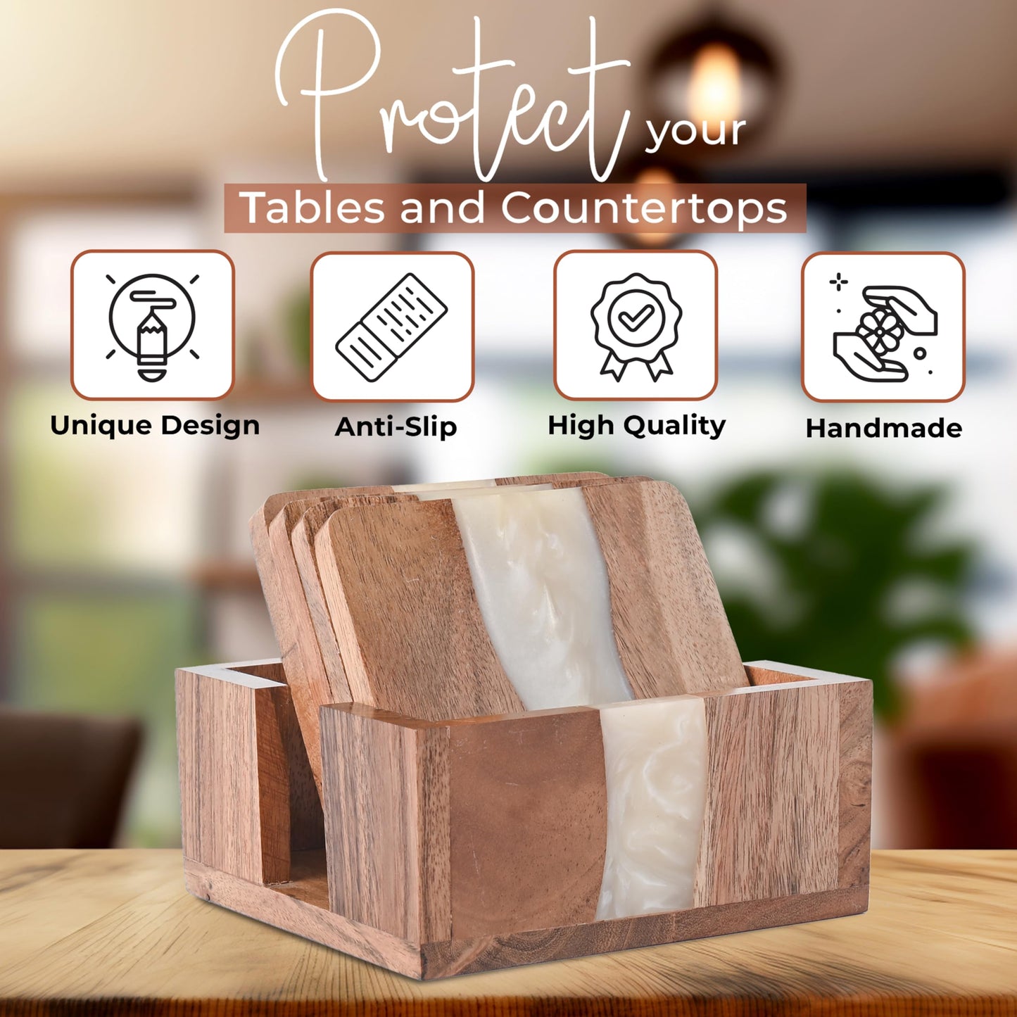 Vinola Coasters Set of 4, Discontinued Soon! Cute Coasters, Rustic Home Decor Accents, New Home Essentials, Wood Coasters for Drinks, Coasters with Holder, Wood Epoxy Resin, 4x4 Inches