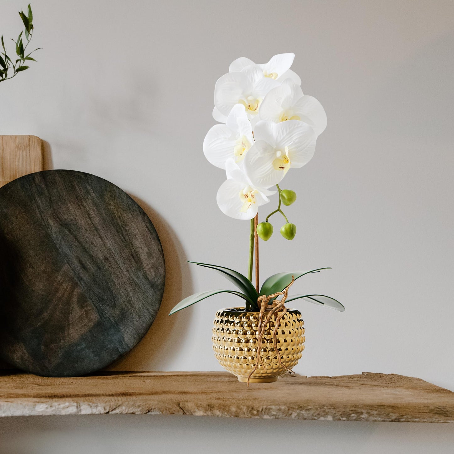 Hisow Orchids Artificial Flowers, 15" Faux Orchid in Gold Flower Pot Real Touch Flowers in Pot Large Flower Arrangements Artificial Centerpiece for Home Living Room Bathroom Kitchen Decoration (White)