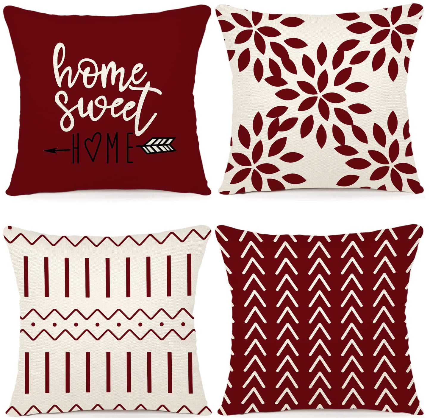 YCOLL Christmas Pillow Covers 18x18 Set of 4, Modern Sofa Throw Pillow Cover for Christmas Decor, Decorative Outdoor Linen Fabric Pillow Case for Couch Bed Car, Wine Red