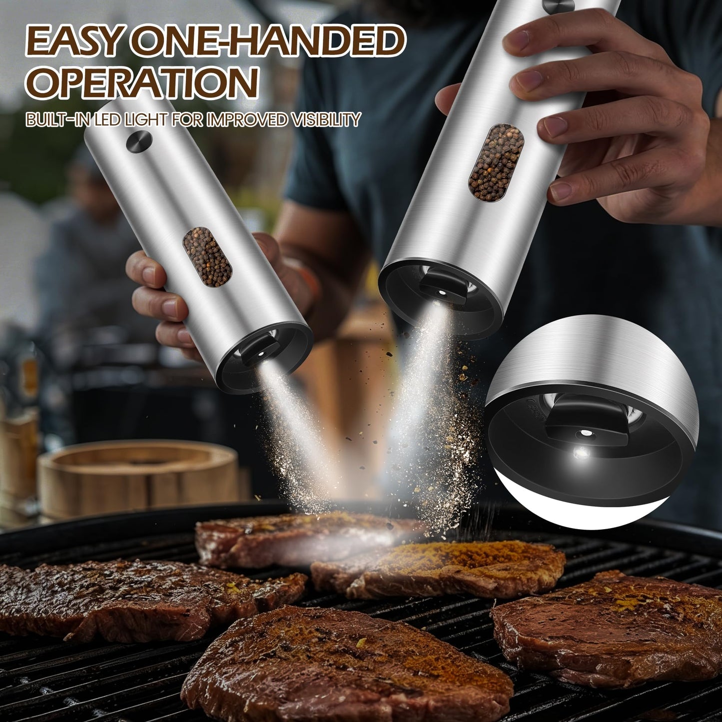 CapyBud Electric Salt and Pepper Grinder Set, 110 ml Rechargeable Automatic Salt and Pepper Shakers with Adjustable Coarseness Charging Base LED Light Ceramic Grinder Core for Kitchen Outdoor Gift