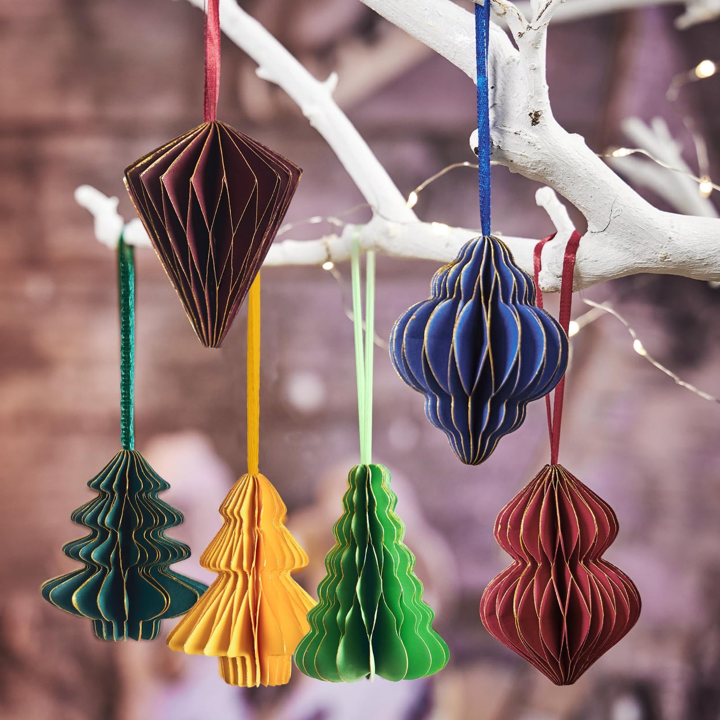 OBBOLO Paper Christmas Tree Ornaments, Red and Green Xmas Party Decorations, 6PCS 3D Mini Glitter Edges Paper Honeycomb Ornaments for Xmas, New Years, Holiday Home Decor