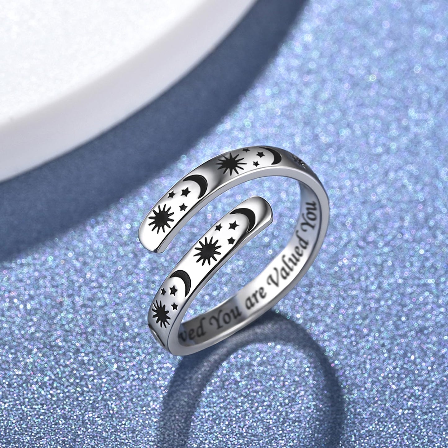 925 Sterling Silver Inspirational Jewelry Adjustable Wrap Open Ring Encouragement Gift for Women (Sun & Moon - You are Loved You are Valued You are Beautiful)