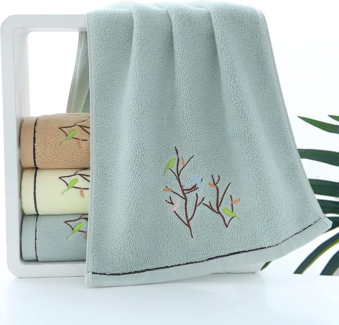 Pidada Hand Towels Set of 2 Embroidered Bird Tree Pattern 100% Cotton Absorbent