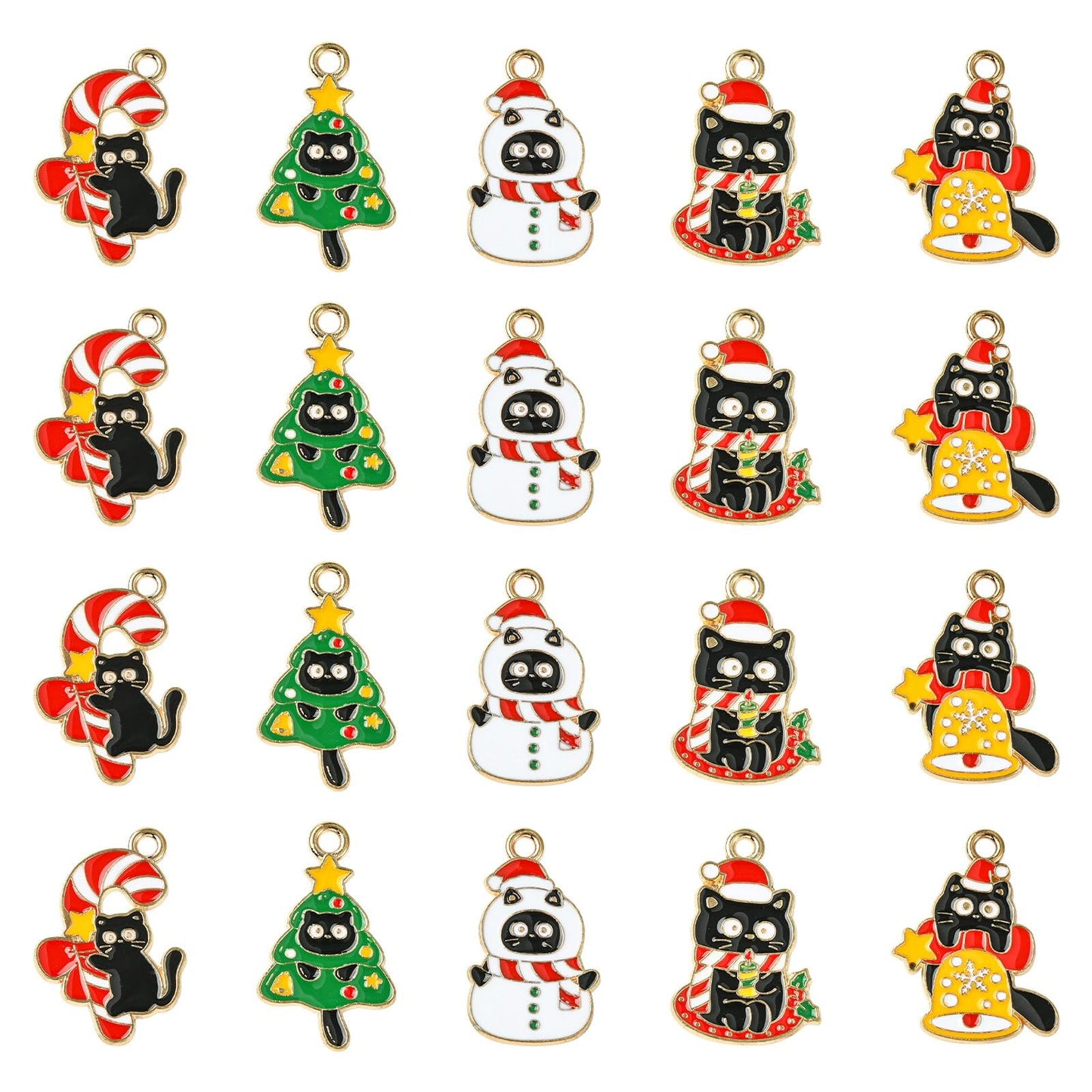 LiQunSweet 30 pcs 5 Styles Christmas Cat Theme Alloy Enamel Charms Xmas Tree Bell Snowman Wreath Candy Cane Charms for DIY Jewelry Bracelet Necklace Earring Craft Keychain Bag
