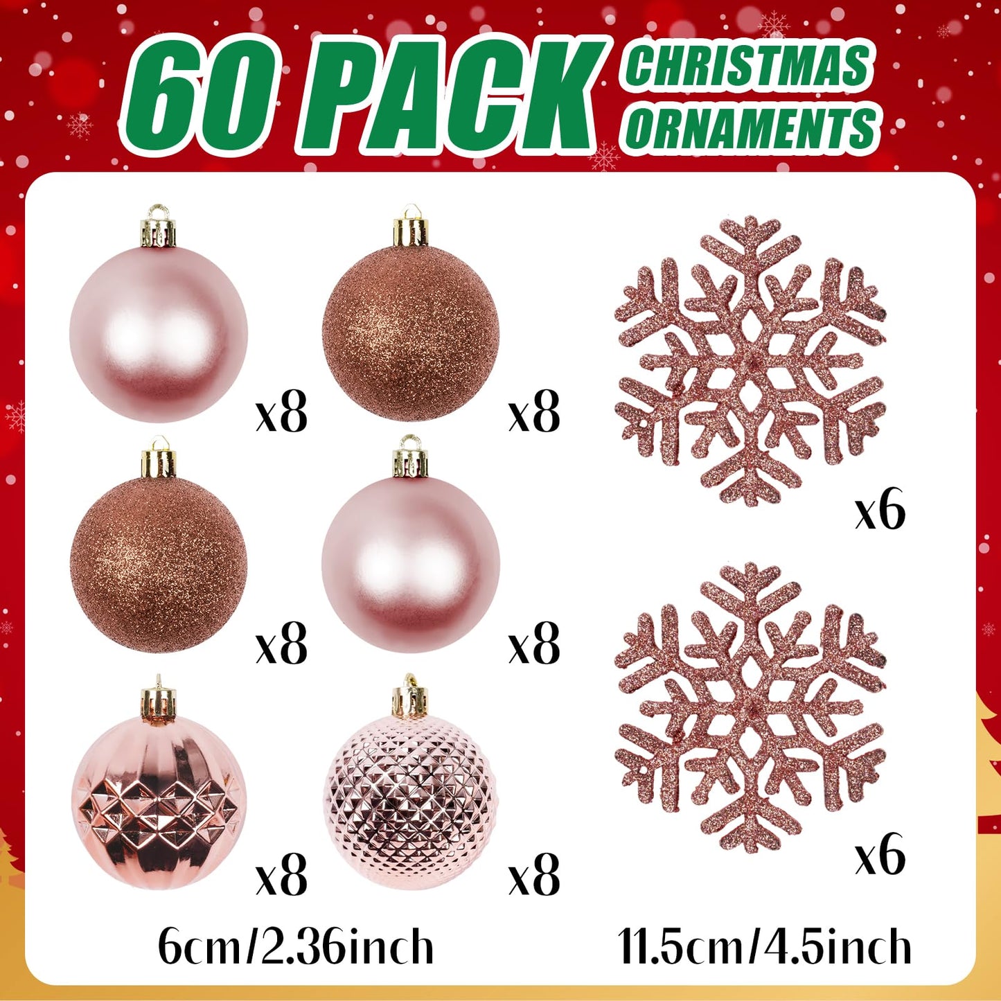 Christmas Tree Decorations Ornament Set, 60ct 2.36 Inches Pink Shatterproof Christmas Ball Ornaments, Hanging Ball for Xmas Holiday Wedding Party Decor