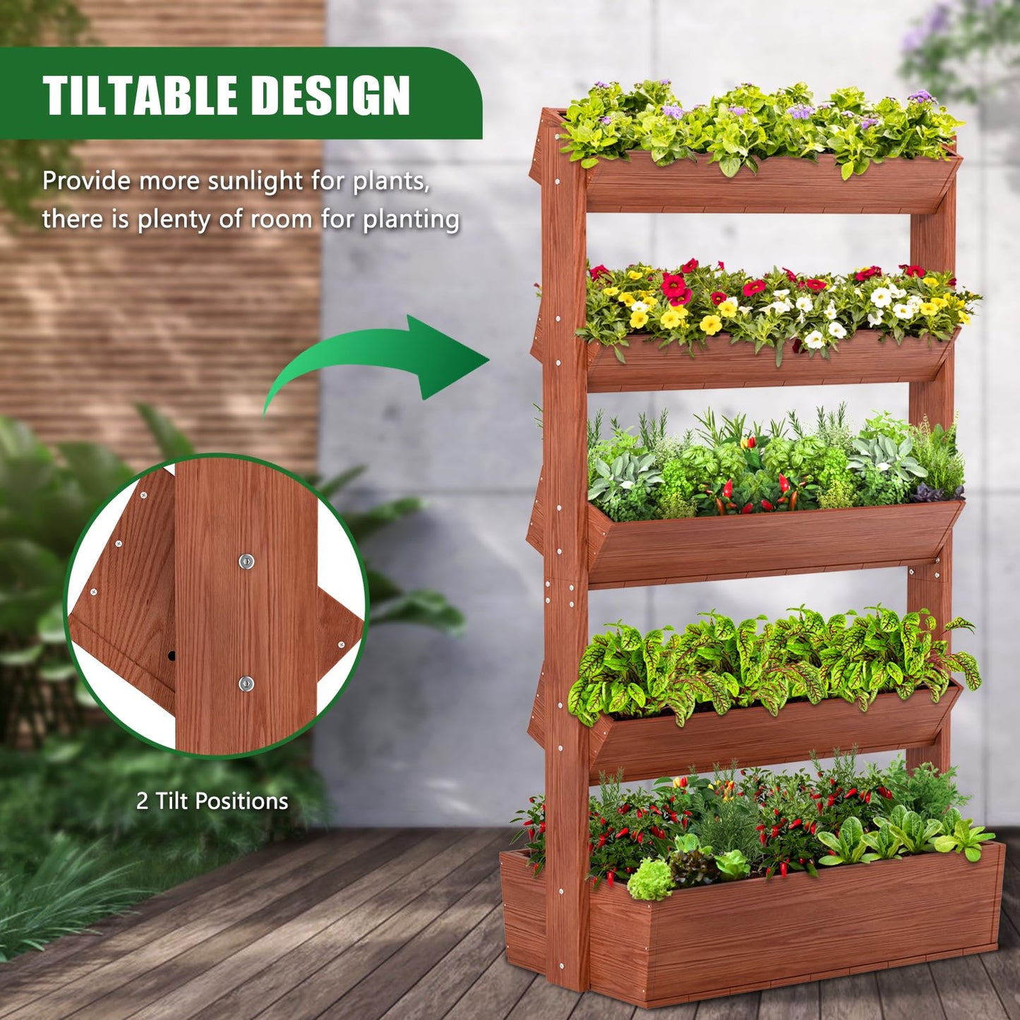 UrGROWA Wooden Vertical Raised Garden Bed, 5 Tier Garden Planters Raised Beds Freestanding Plant Stand Flower Rack Wooden Planter Box for Plants Herbs Flowers Vegetables Outdoor Indoor Gardening