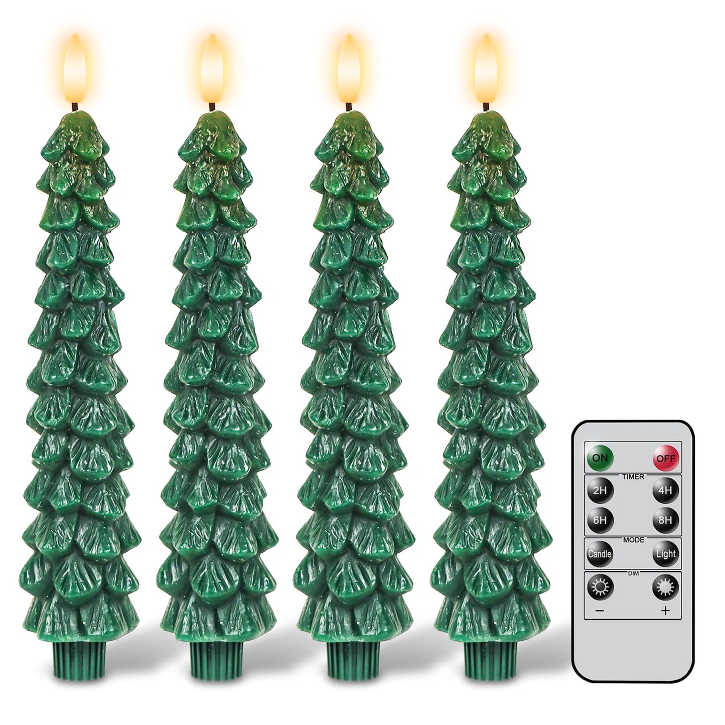GenSwin Christmas Tree Flameless Taper Candles with Remote Timer, Christmas LED Taper Candles with 3D Flame, 4 Pcs Green LED Candlesticks for Christmas Home Decoration(0.78” x 9.8”)