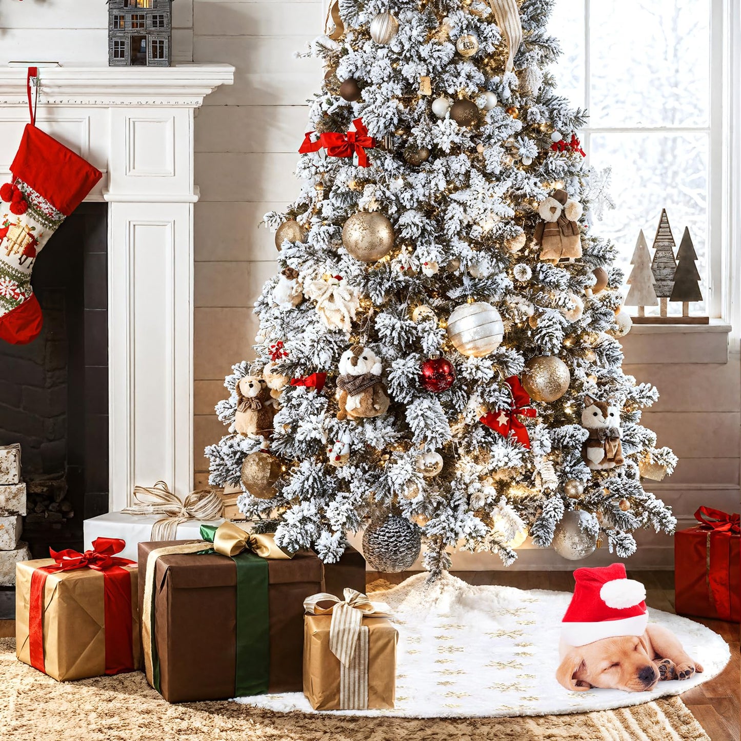 Christmas Tree Skirt 36 Inch, Holiday Part Decorations for Christmas Tree, Whit Plush Gold Sequin Snowflake Tree Shirt for Xmas