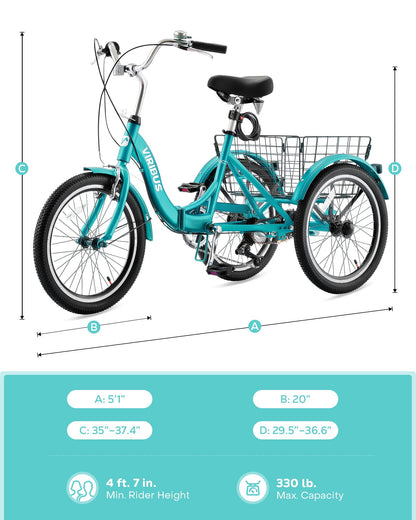 VIRIBUS Folding Tricycle for Adults, 20 inch 7 Speed Foldable Adult Tricycle for Women Men Seniors with Dual Chain, Folding 3 Wheel Bike with Lock, Collapsible Three Wheel Bicycle 330 lb. Teal