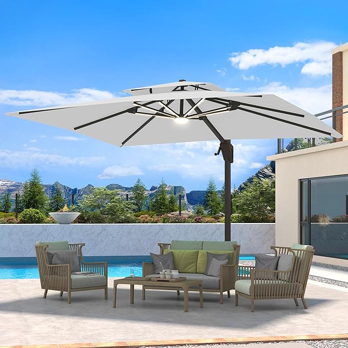10 X 13 FT Cantilever Patio Umbrella with LED Lights Outdoor Heavy Duty Double Top Windproof Rectangle Offset Umbrellas with 360-degree Rotation for Pool Deck Backyard, Foggy Grey