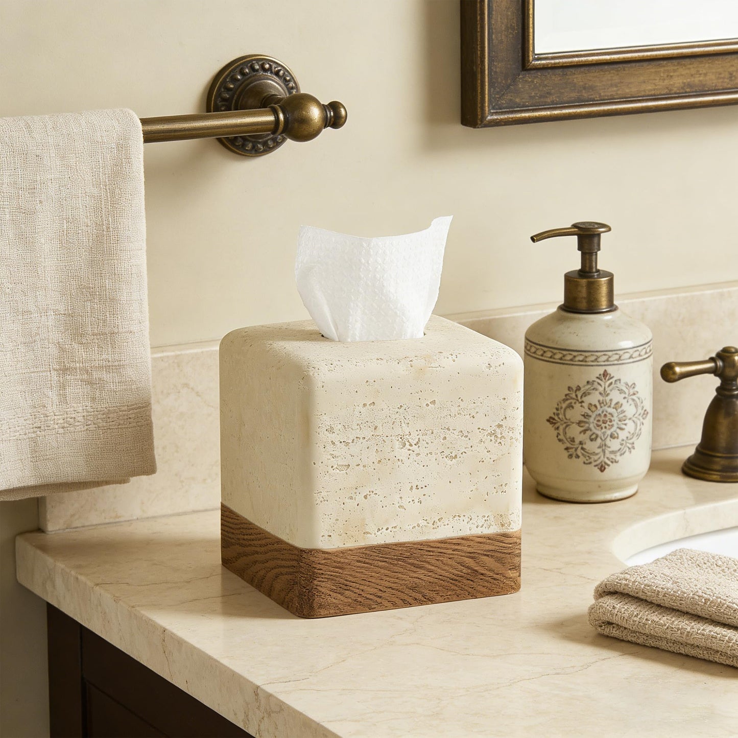 Natural Travertine Match Wooden Square Tissue Box Cover Decorative,Resin Heavy Sturdy Tissue Box Holder, Facial Paper Holder for Bathroom Vanity Countertop, Bedroom Night Stand,Office and End Table
