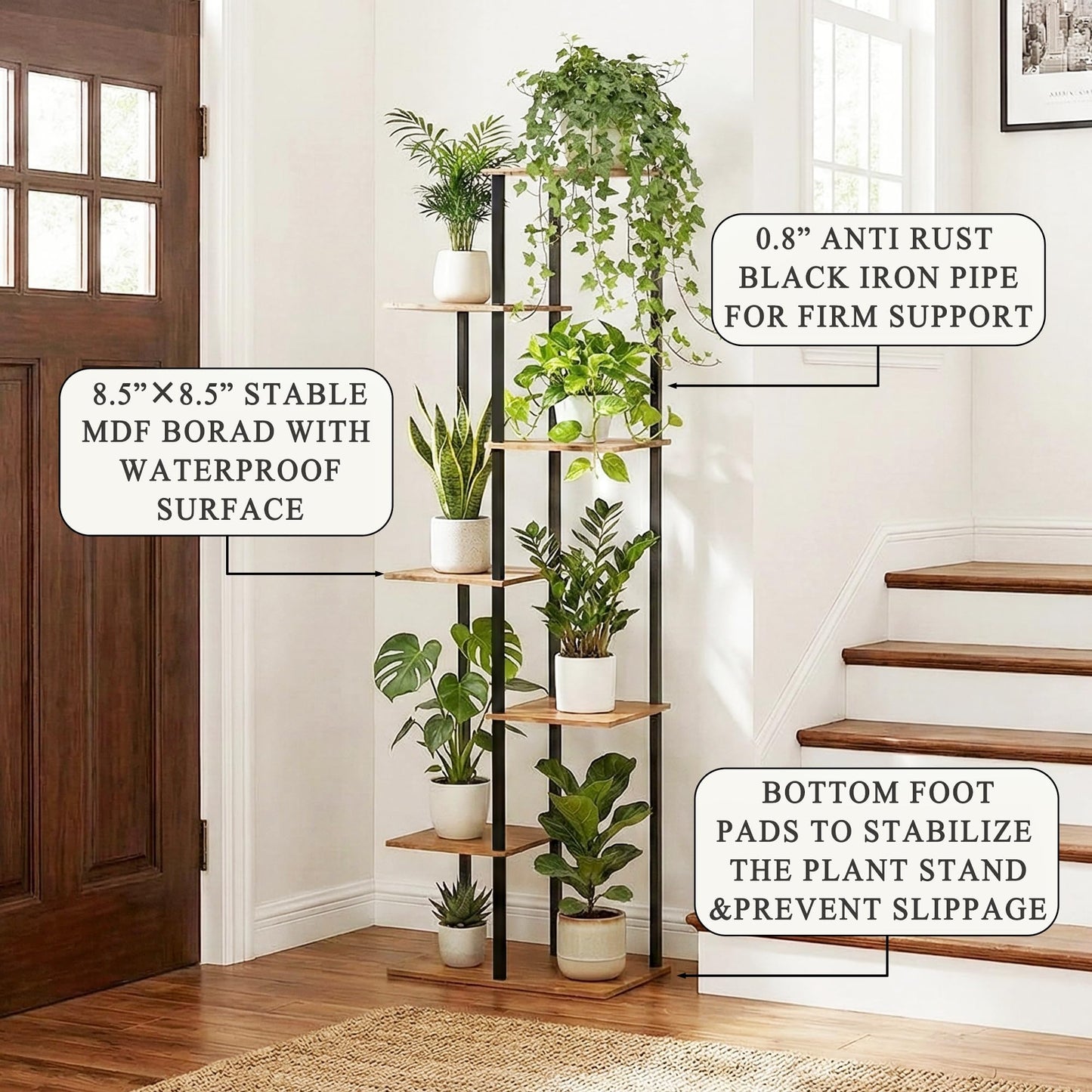 JEPRECO Plant Stand Indoor 7 Tier 8 Potted Metal Wood Plant Shelf, Multiple Flower Pots Corner Tall Plant Holder Stands for Living Room Balcony Bedroom, Rustic Brown