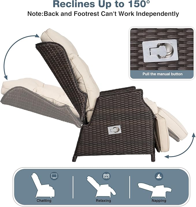 Outdoor Indoor Wicker Recliner with Adjustable Back and Footrest, Patio Reclining Chair with Flip-up Table, Outdoor Rattan Lounge Chair, Upgrade Beige