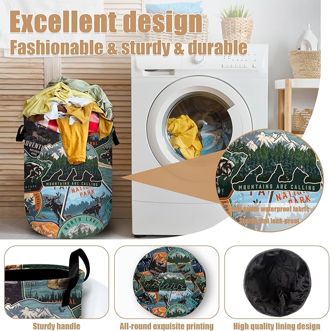 Retro Mountain Bear Laundry Basket, Foldable Wild Animals Laundry Hamper Tote