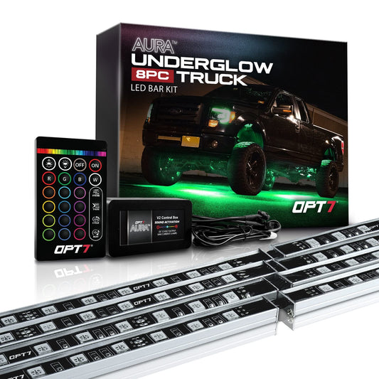 OPT7 Aura Aluminum Underglow LED Lighting Kit for Truck with Remote Control, Exterior Neon Accent Underbody Light Bar, RGB Multicolor Under Car Decorations, Waterproof, Soundsync, Door Assist, 12V