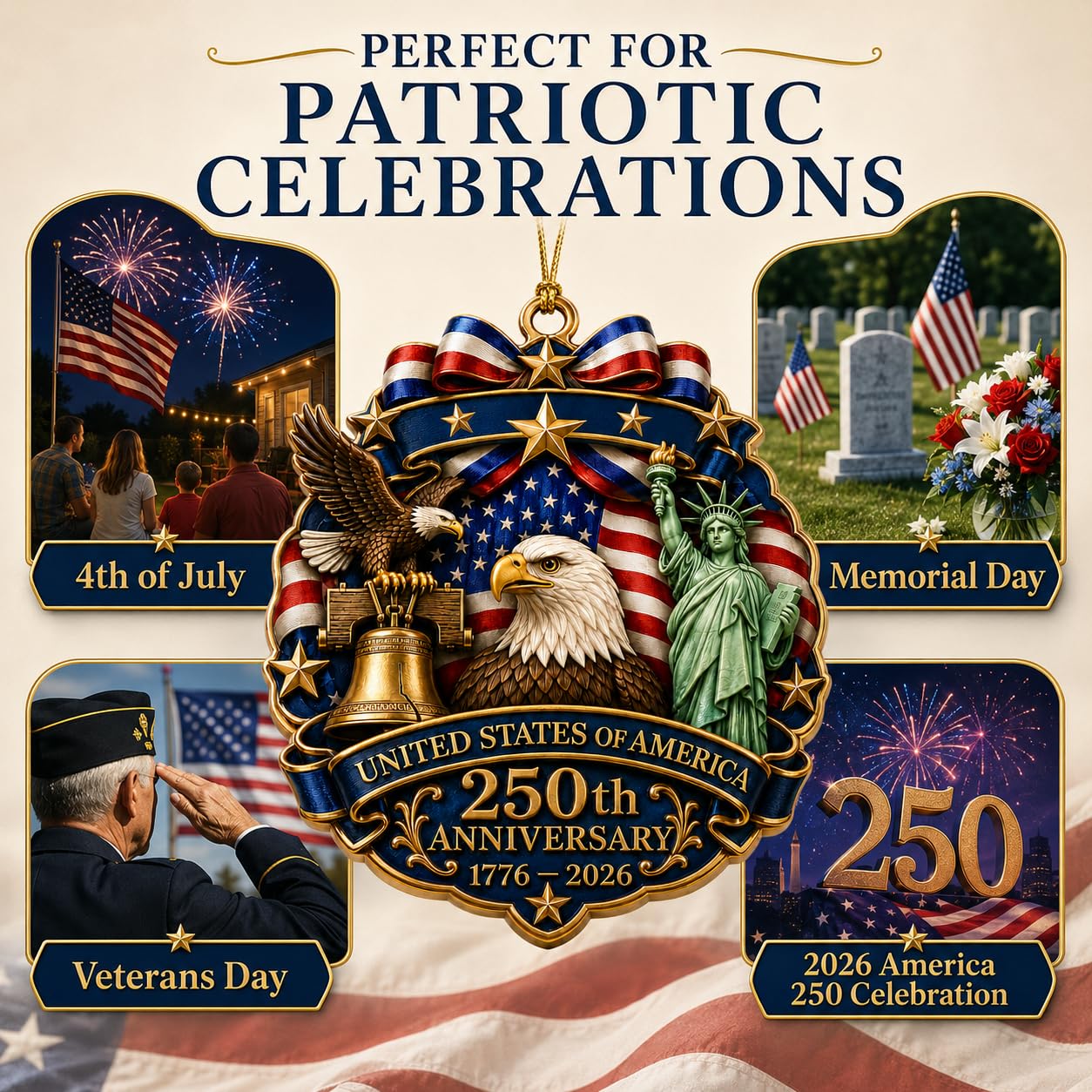 250th Anniversary USA Ornament 1776-2026, Patriotic Acrylic Hanging Ornament, United States 250th Anniversary Decoration with Eagle Liberty Bell Statue of Liberty