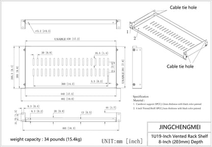 Jingchengmei 1U Disassembled Vented Cantilever Server Rack Mount Shelf 8"(203mm) Depth for 19-Inch Network/AV Equipment Rack and Cabinet(1U8V)