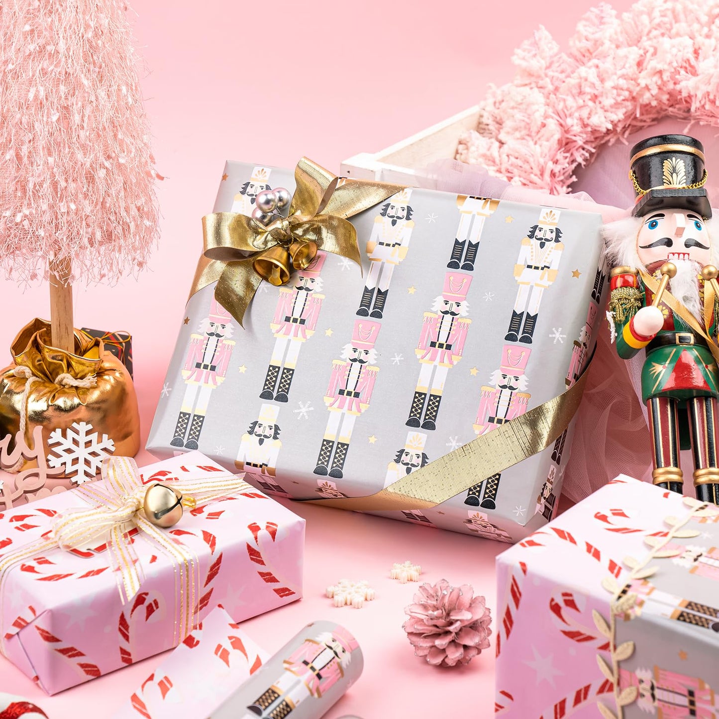 WRAPAHOLIC Reversible Nutcracker Christmas Wrapping Paper - Mini Roll - 17 Inch x 33 Feet - Nutcracker and Candy Cane Design Printed on Pearlized Paper for Chrsitmas, Holiday, Party Celebration