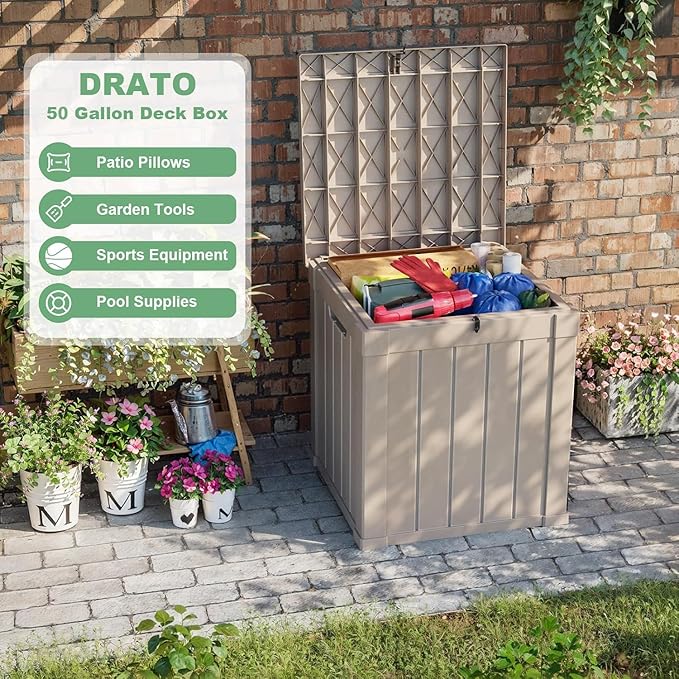 DRATO 50 Gallon Deck Box, Outdoor Storage Box for Patio Cushion, Garden Tools, Waterproof Patio Storage box, Lockable (Gray，50 Gallon)