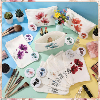 Sieral 20 Pcs Inspirational Appreciation Gifts for Women 10 Inspirational Canvas Makeup Bags 10 Compact Mirror Bulk Cosmetic Bags Portable Mirror Thank You Gifts for Coworkers Staff Friends