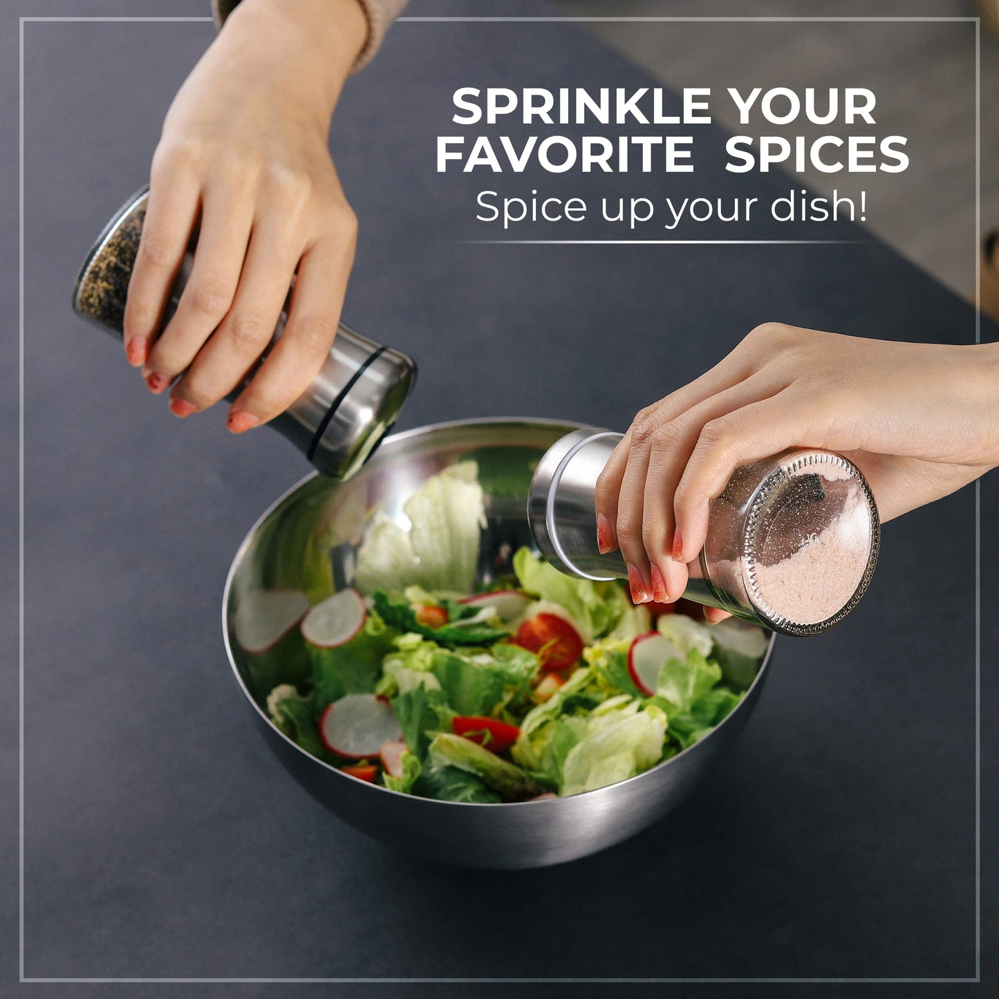 Salt and Pepper Shakers set with Adjustable Pour Holes - Elegant Stainless Steel Spice Dispenser - Perfect for Himalayan, Table Salt, White and Black Pepper (Salt & Pepper Shakers Set + Bamboo Stand)