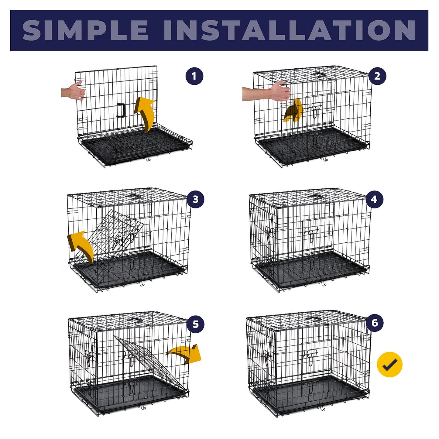 DogCrates+ Large Foldable Dog Crate with 2 Doors, Non-Chew Metal, Removable Tray, 36-Inch Black