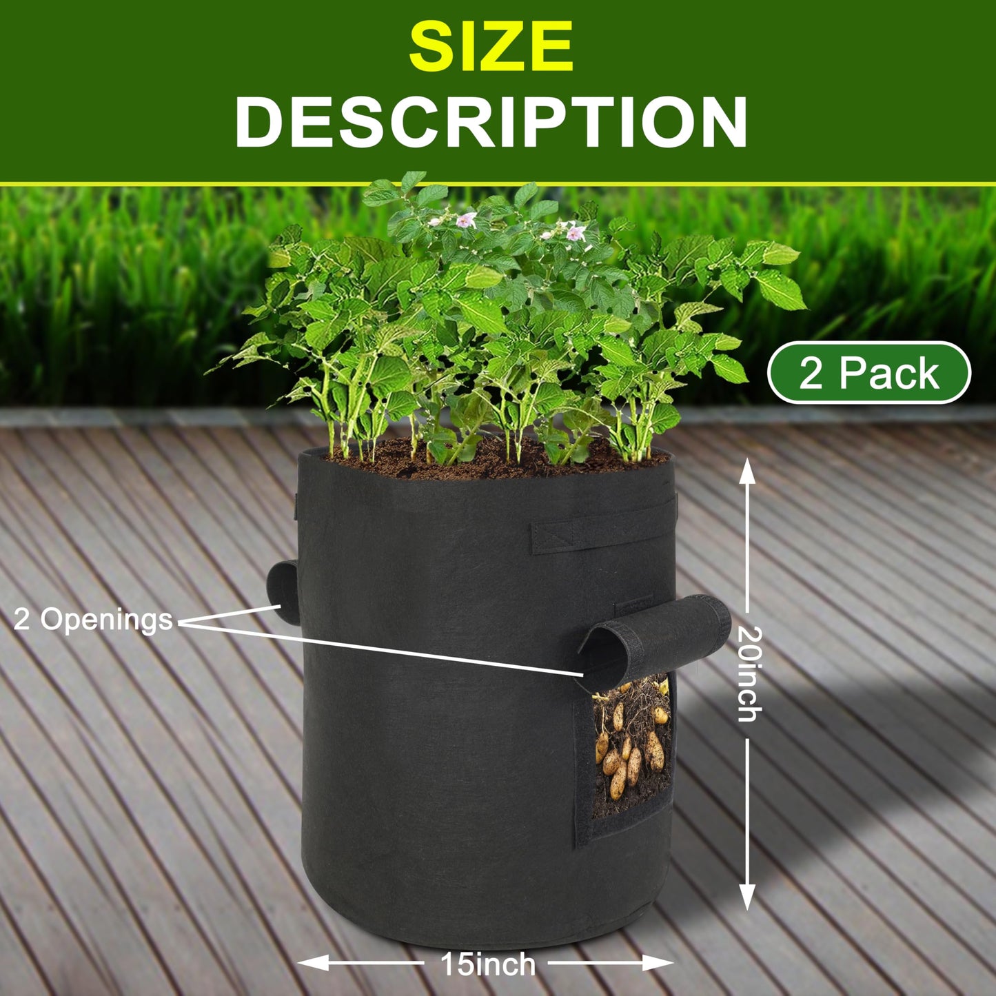 SORANGEUN 2-Pack 15-Gallon+2-Pack 20-Gallon Grow Bags with 2 Flaps and Reinforced Handles,Non-Woven Potato Grow Bags, Thickened Aeration Fabric Pots for Potatoes, Tomatoes, Flowers, and Vegetables