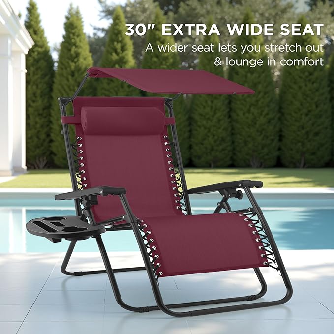 Best Choice Products 30” Wide Folding Zero Gravity Outdoor Recliner Patio Lounge Chair w/Adjustable Canopy Shade, Headrest, Side Accessory Tray - Burgundy