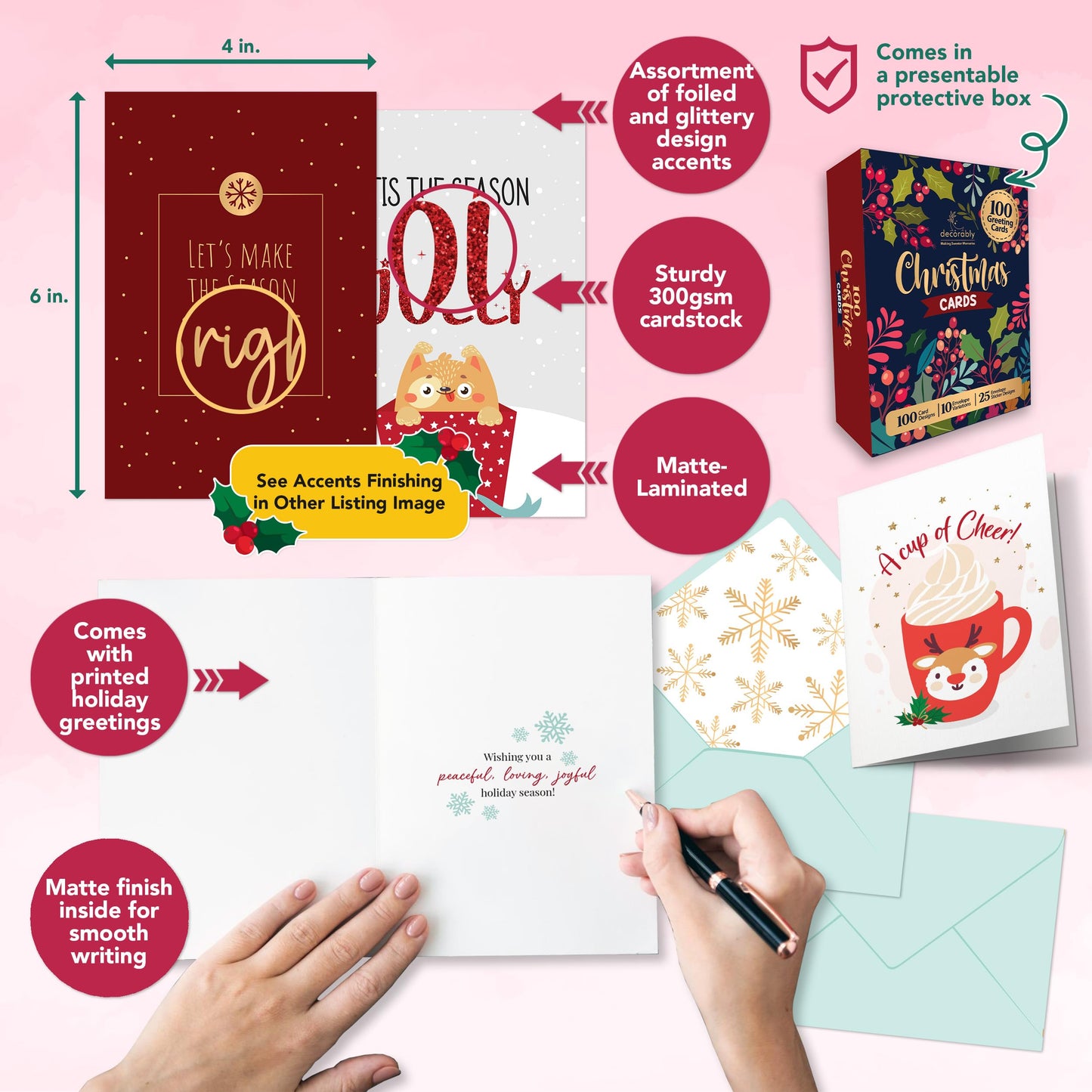 Decorably 100 Pack Foiled & Glittery Boxed 6x4in Assorted Christmas Cards with Envelopes and Stickers, 100 Unique Holiday Designs Seasons Greetings for Loved Ones, Printed Message - Gifting, Mailing