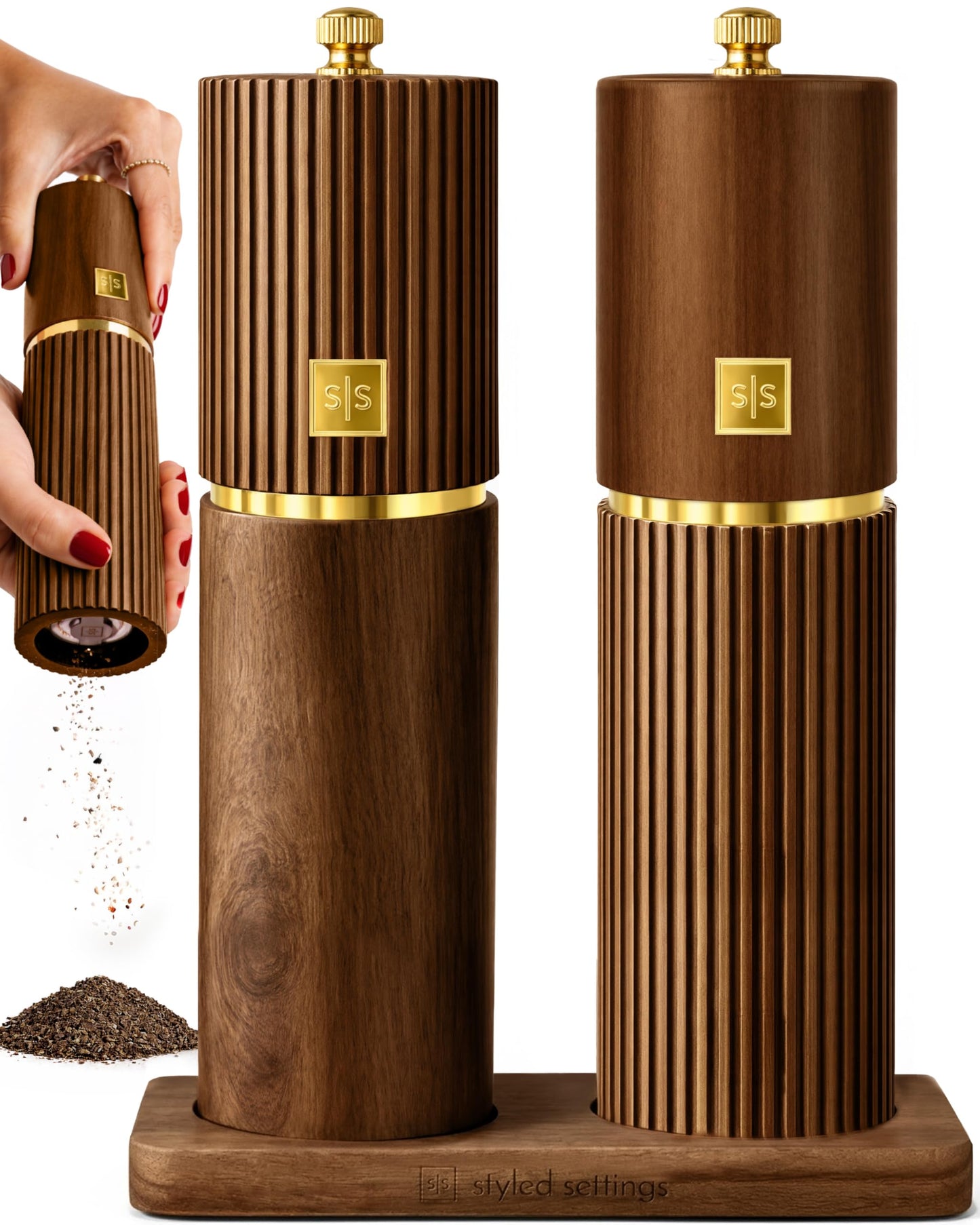 Wooden Salt and Pepper Grinder Set – Refillable Manual Salt and Pepper Mills with Adjustable Ceramic Burrs, Gold Detailing, and Wood Stand – Dark Wood