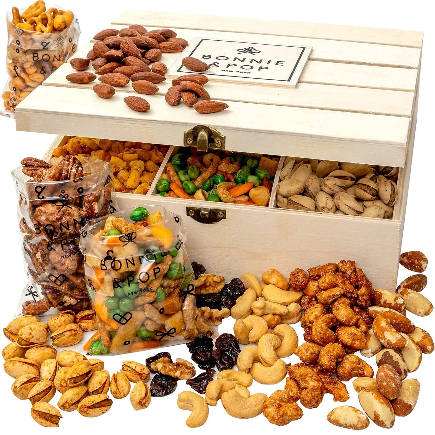 BONNIE AND POP Nut Basket, Healthy Gift of Assorted Nuts in Reusable Wood Crate, Large Variety Tray with Unique Flavors, Fathers Day, Parties, Holidays, Birthday, Sympathy, Office, Thank You, Him, Her