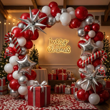Red Christmas Party Decorations with Balloon Garland Arch Kit & Red White Silver Cane Candy Explosion Star Foil Balloons for Winter Xmas New Year eve Birthday Decorations