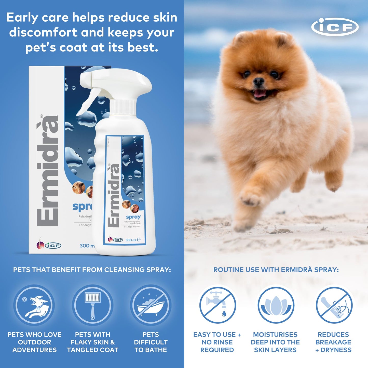 ICF Ermidrà® Spray Waterless Dry Shampoo Moisturising Wash for Dogs & Cats Itchy Dry Smelly or Allergy Prone Sensitive Skin 300 ml