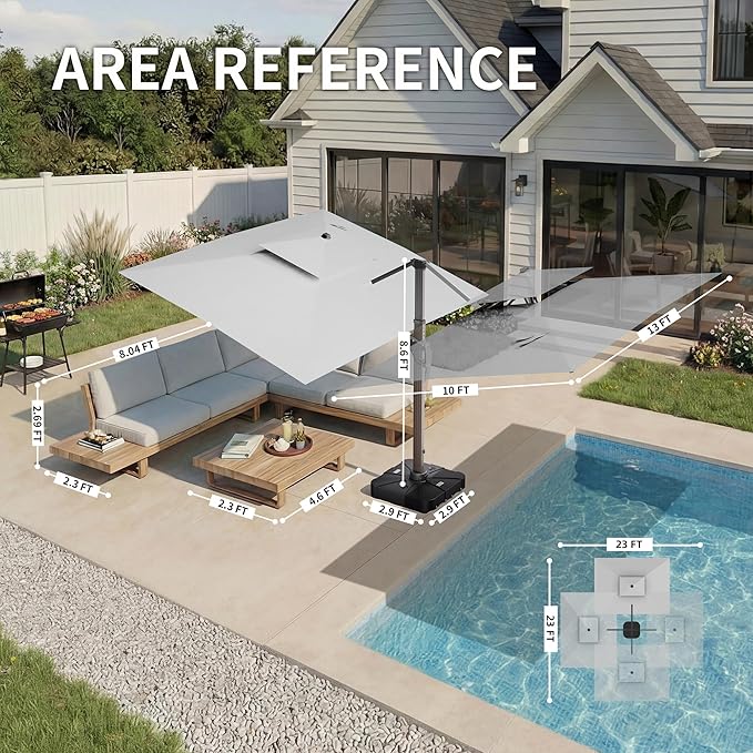 10 X 13 FT Cantilever Patio Umbrella with Led Lights and Base Included Outdoor Heavy Duty Double Top Rectangle Offset Umbrellas with 360-degree Rotation for Pool Deck Backyard, Foggy Grey