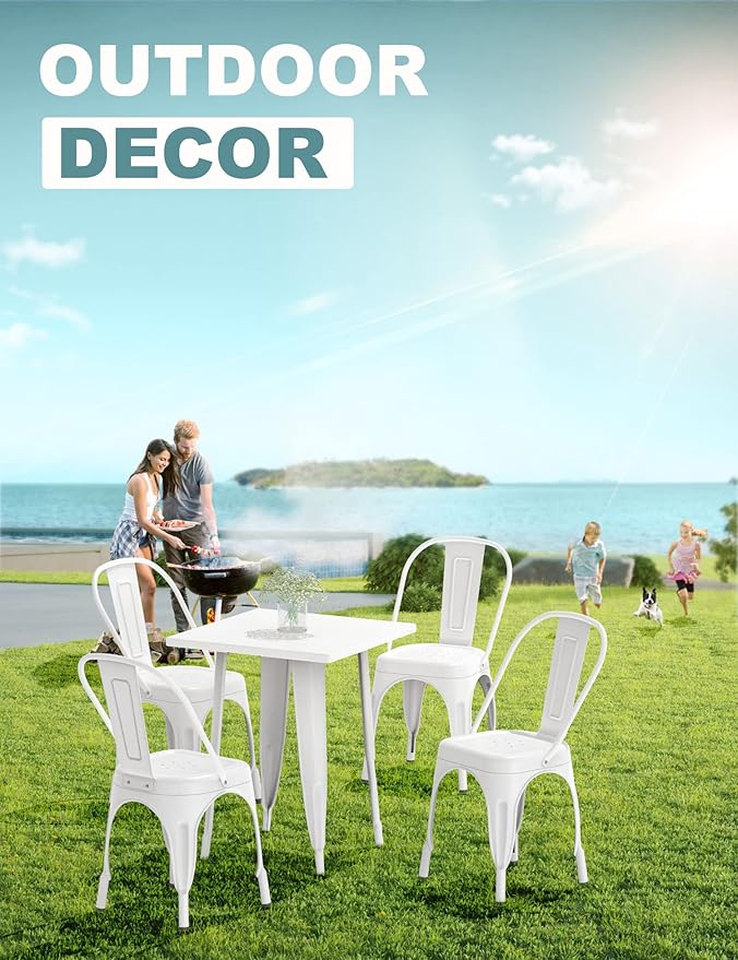 Nazhura Metal Dining Chair Farmhouse Tolix Style for Kitchen Dining Room Café Restaurant Bistro Patio, 18 Inch, Stackable, Waterproof Indoor/Outdoor (Sets of 4) (White)