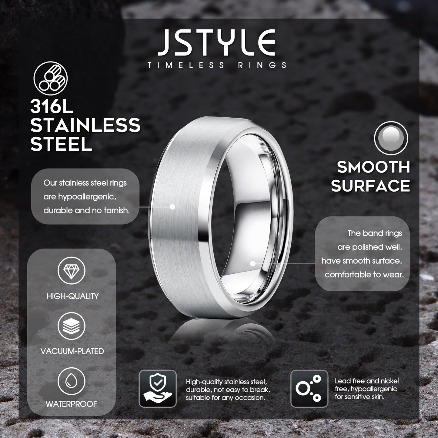 Jstyle Stainless Steel Rings for Men Women 8MM Wedding Band Rings Matte Surface - Beveled Polished Edge Mens Ring Size 6 Silver Plated Ring for Men