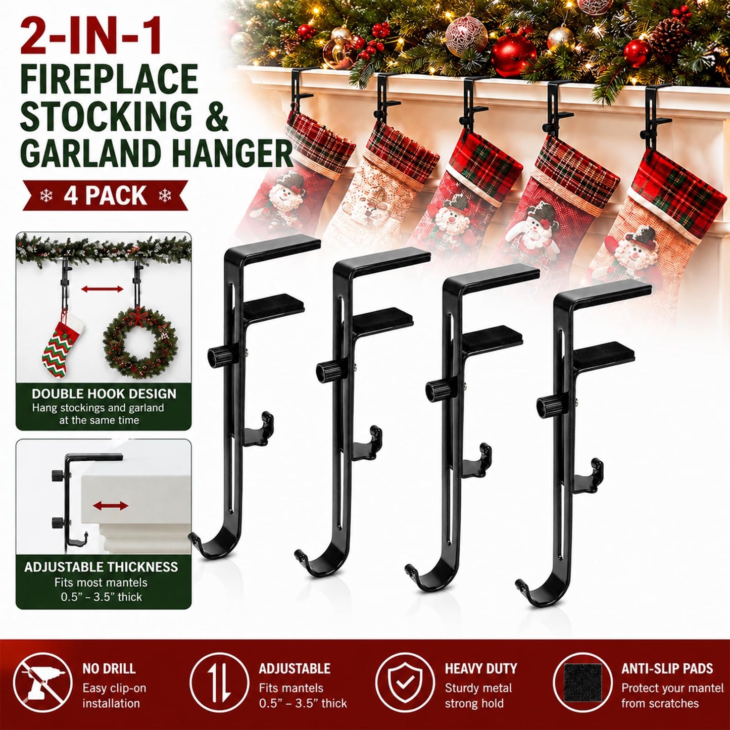 Gayrrnel 4 Pack Stocking Holders for Mantle, 2 in 1 Mantel Hanger for Garland Hooks for Christmas Adjustable No Drill Mantle Garland Hange for Fireplace Xmas Holiday Home Party Decoration