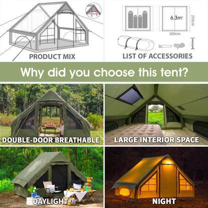 9.8' x 7' Inflatable Tents for Camping 4-6 Person, 4 Season Blow Up Tent with Waterproof & Anti-Moisture Tarp, Luxury Inflatable Hot Tent with Stove Jack for Camping Outdoors