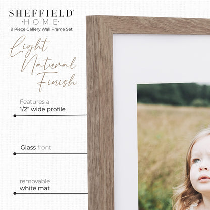 Sheffield Home 9 Piece Gallery Wall Frame Set, 11x14 Inch, Light Natural