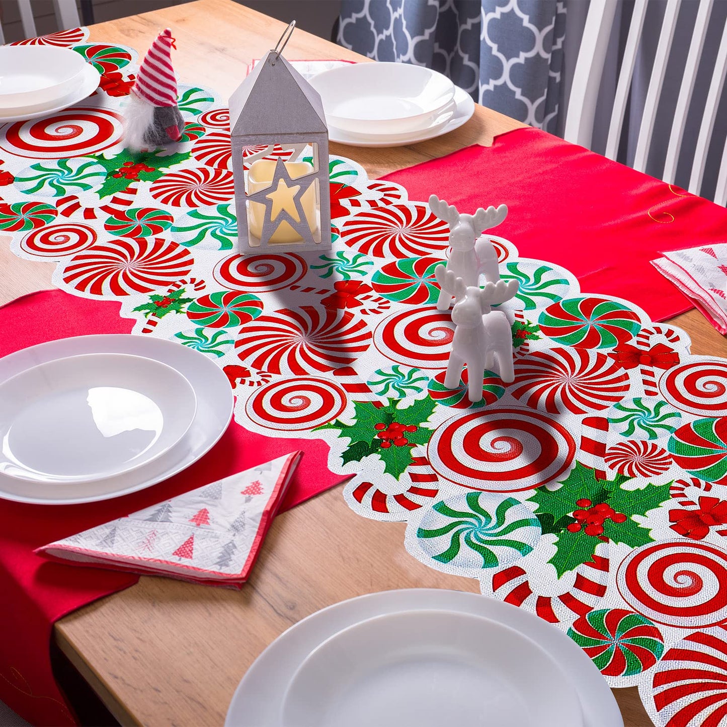 Kingdder Christmas Table Runner Candy Cane Peppermint Red White Green Lollipop Bow Table Mat Xmas Party Decor Centerpiece for Home Christmas Party Decoration, 71 x 14 Inch(Candy)