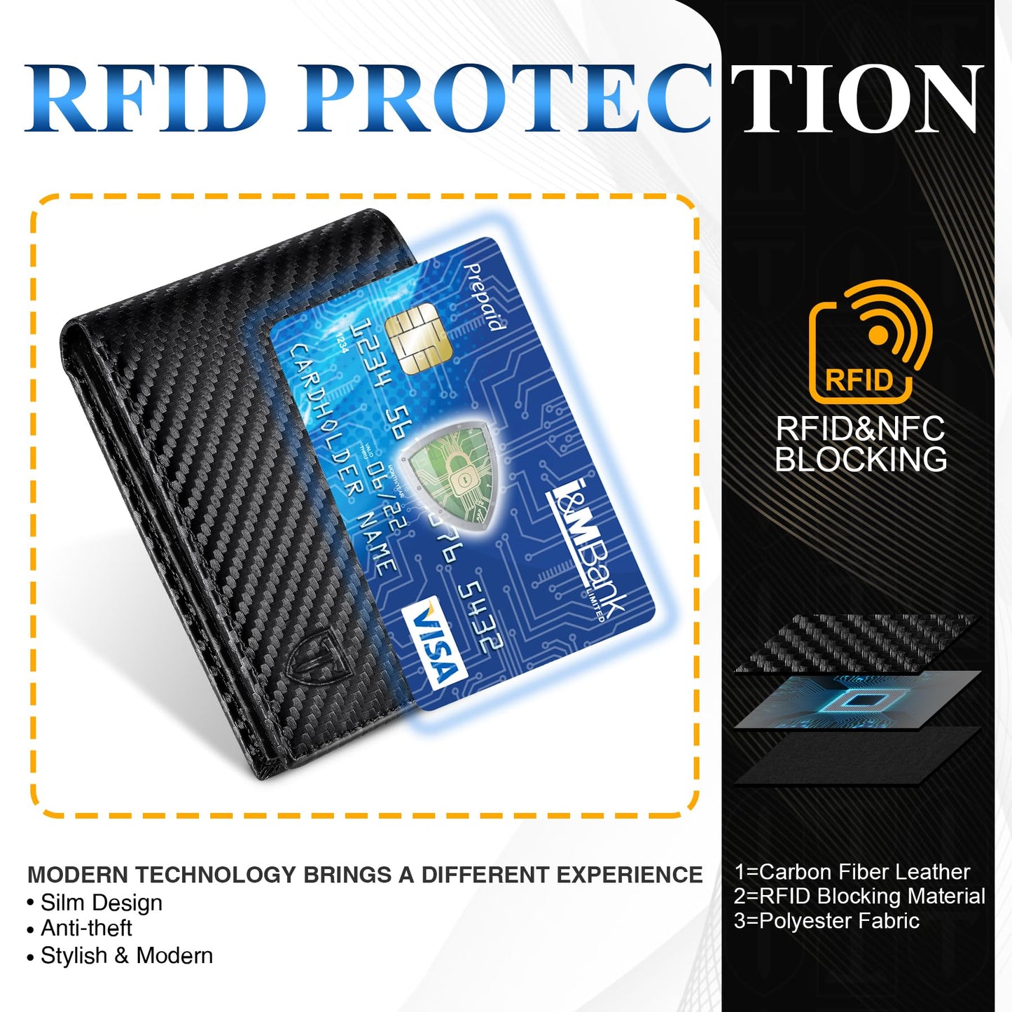 TEEHON Mens RFID Blocking Carbon Fibre Leather Wallet - Bi-Fold Card Wallet with 10 Card Slots, 2 ID Windows, 2 Cash Compartments - Black