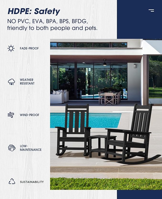 KINGYES Oversized Outdoor Rocking Chair Set of 2, All-Weather Patio Rocking Chairs for Porch, HDPE Outdoor Patio Rockers with High Back & Wide Seat for Garden, Lawn, Black