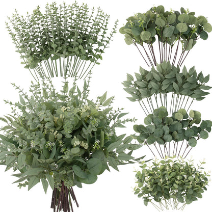 lovemoon 130 Pcs Artificial Mixed EucalyptusStems Bulk, 5 Kinds of Faux GreeneryEucalyptus Leaves Bulk for Vase Wedding DIY Bouquets Floral Arrangement Home Decor (130, Green)