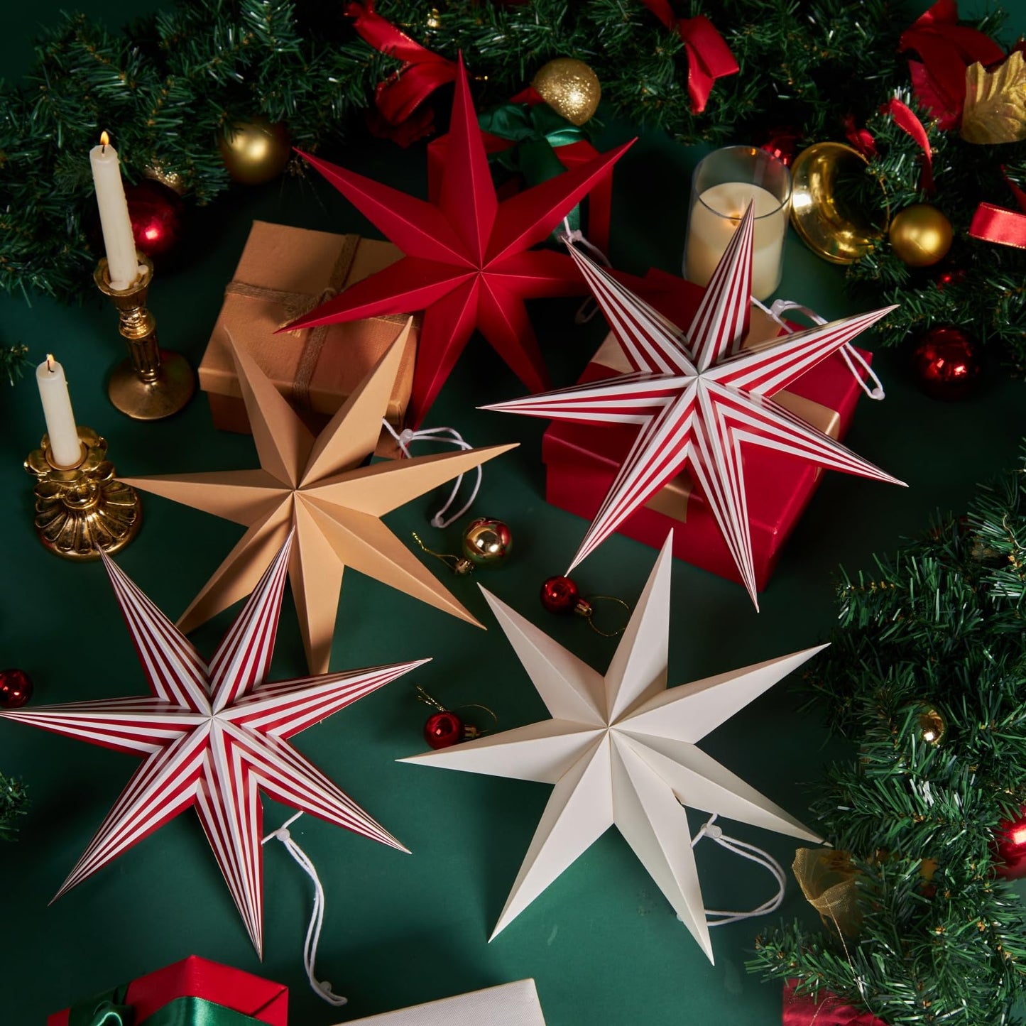 5 Pcs 7-Pointed Paper Star Lanterns 12 Inch Red and White Christmas Hanging Stars 3D Paper Star Ornaments Foldable for Wedding Birthday Xmas Home Party Decor