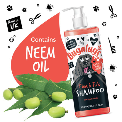 Flea and Tick Dog Shampoo by Bugalugs, Works on Smelly Puppies & Dogs, Contains Neem Oil PH Balanced Vegan Used by Professional Groom (Shampoo 500ml)