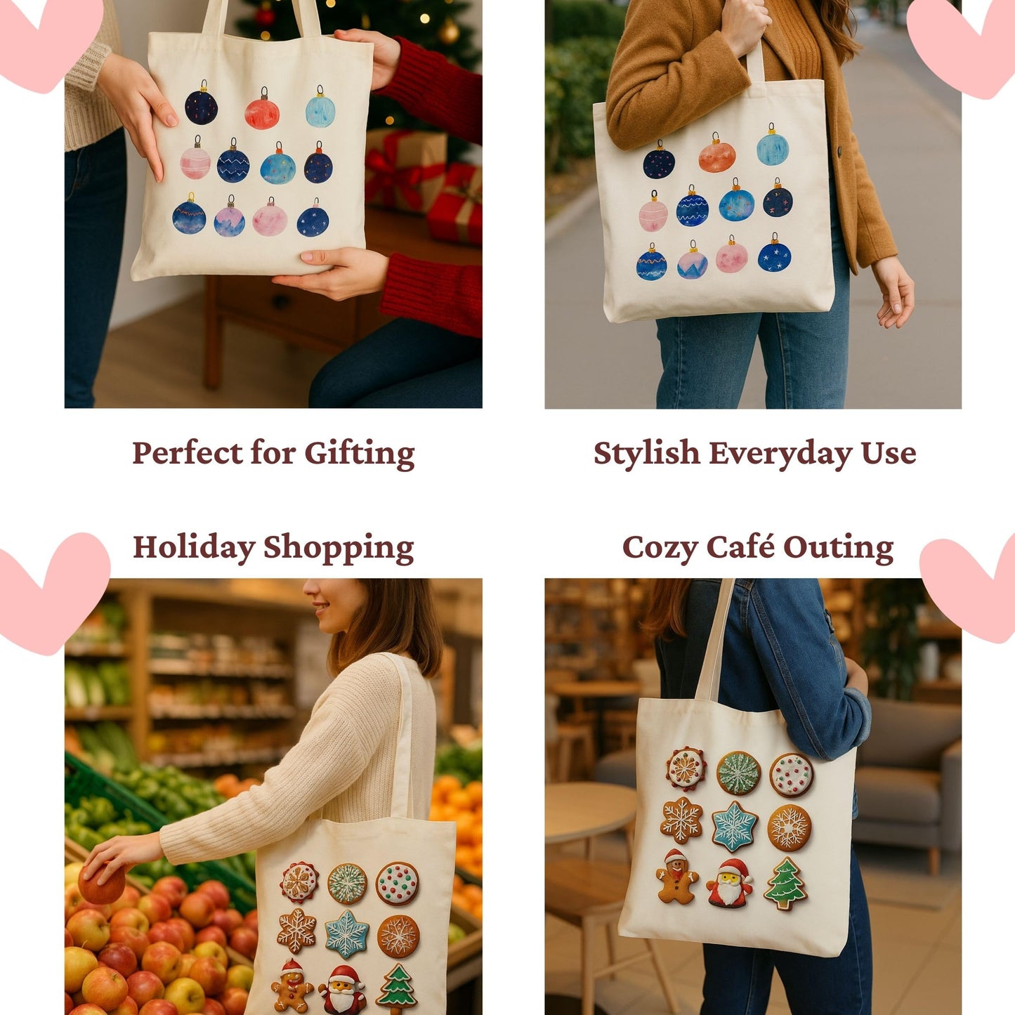 Zenloria Christmas Canvas Tote Bags – 2 Pack Holiday Cotton Totes 15x16, Cookie & Ornament Designs, Reusable Gift & Shopping Bags
